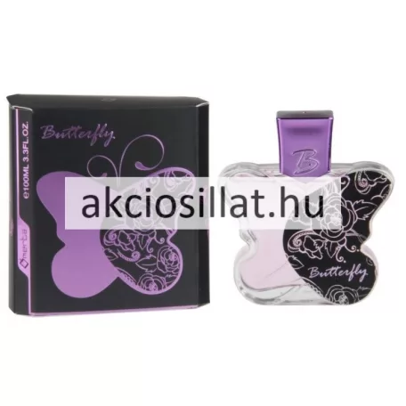 Omerta Butterfly Purple 100ml-es női Eau de Parfum pillangó alakú lila üvege és fekete-lila mintás díszdoboza.