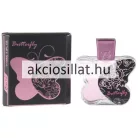 Omerta Butterfly Pink 100ml-es női Eau de Parfum pillangó alakú rózsaszín üvege és fekete-rózsaszín mintás díszdoboza.