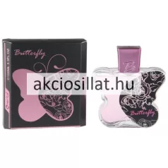 Omerta Butterfly Pink 100ml-es női Eau de Parfum pillangó alakú rózsaszín üvege és fekete-rózsaszín mintás díszdoboza.