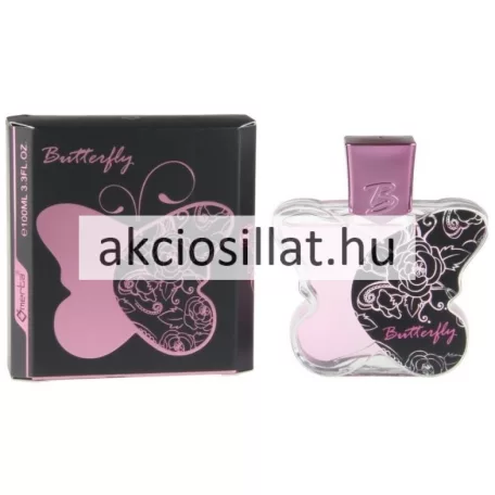 Omerta Butterfly Pink 100ml-es női Eau de Parfum pillangó alakú rózsaszín üvege és fekete-rózsaszín mintás díszdoboza.