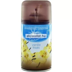 At Home Scents Vanilla Treats 250ml-es automata légfrissítő utántöltő spray vaníliavirág mintás fémdobozban, áttetsző barna kupakkal.