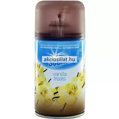 At Home Scents Vanilla Treats 250ml-es automata légfrissítő utántöltő spray vaníliavirág mintás fémdobozban, áttetsző barna kupakkal.