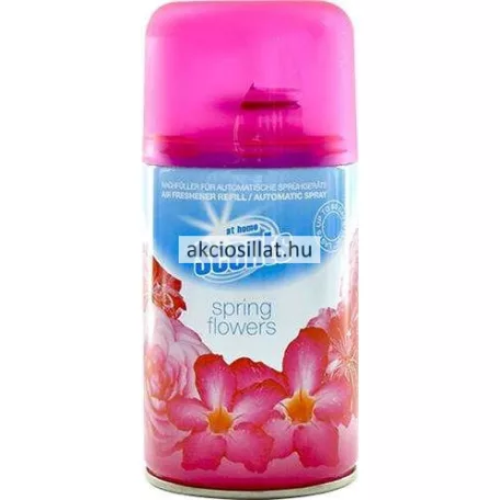 At Home Scents Spring Flowers 250ml-es automata légfrissítő utántöltő spray pink virágmintás fémdobozban, áttetsző pink kupakkal.