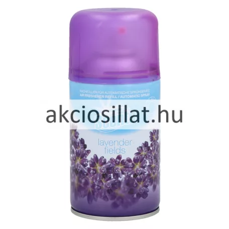 At Home Scents Lavender 250ml-es automata légfrissítő utántöltő spray levendulás mintájú fémdobozban, áttetsző lila kupakkal.
