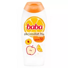 Baba tej és gyümölcsillat kényeztető tusfürdő 400ml-es fehér flakonban.