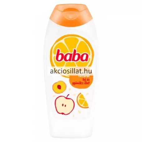 Baba tej és gyümölcsillat kényeztető tusfürdő 400ml-es fehér flakonban.