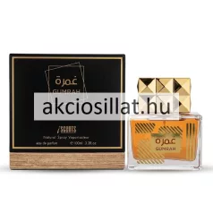 IScents Gumrah 100ml-es Eau de Parfum szögletes üvegflakonja arany színű folyadékkal, piramis mintás arany kupakkal és a hozzá tartozó fahatású talpú fekete dobozzal.