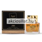 IScents Gumrah 100ml-es Eau de Parfum szögletes üvegflakonja arany színű folyadékkal, piramis mintás arany kupakkal és a hozzá tartozó fahatású talpú fekete dobozzal.