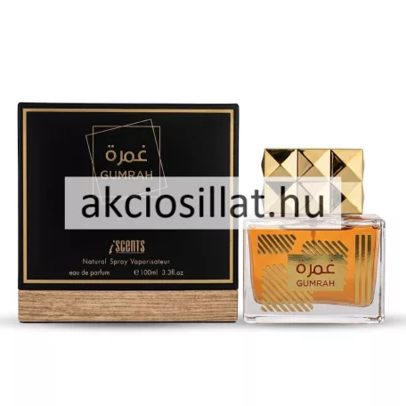IScents Gumrah 100ml-es Eau de Parfum szögletes üvegflakonja arany színű folyadékkal, piramis mintás arany kupakkal és a hozzá tartozó fahatású talpú fekete dobozzal.