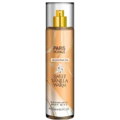 Paris Royale Sweet Vanilla Warm 236ml-es álló hengeres kialakítású testpermet flakon melynek palástját csillogó aranyos és krémszínű márványmintás hullámvonalak díszítik a flakon közepén fekete betűkkel a PARIS ROYALE és a SWEET VANILLA WARM feliratok olvashatóak felettük egy apró fehér virágcsokor grafikájával alul FRAGRANCE BODY MIST jelöléssel a tetején pedig egy fényes arany színű szórófej és egy teljesen átlátszó műanyag hengeres kupak látható