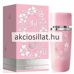 Paris Royale Lara Pink 100ml-es női Eau de Parfum hengeres púderrózsaszín flakonja ezüst mintás díszítéssel és kupakkal, a hozzá tartozó virágmintás gyári rózsaszín doboz mellett.