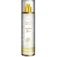 A Paris Royale testpermet Lara 236ml női White.jpg fotón a fehér alapszínű, indás és virágmintás női testpermet látható arany feliratokkal, arany szórófejjel és teljesen áttetsző kupakkal.