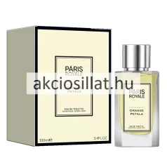 Paris Royale Nature Orange Petals 100ml-es női parfüm átlátszó vastag talpú szögletes üvegflakonban melyben halványsárga folyadék látható előlapján krémszínű téglalap alakú címkével dupla fekete keretben PARIS ROYALE ORANGE PETALS EAU DE TOILETTE felirattal tetején fényes ezüst színű hengeres kupakkal valamint mellette balra a hozzá tartozó krémszínű és olívazöld oldallapú letisztult díszdobozzal