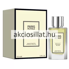 Paris Royale Nature Mimosa Glow 100ml-es női parfüm átlátszó vastag talpú szögletes üvegflakonban melyben halványsárga folyadék látható előlapján krémszínű téglalap alakú címkével dupla fekete keretben PARIS ROYALE MIMOSA GLOW EAU DE TOILETTE felirattal tetején fényes ezüst színű hengeres kupakkal valamint mellette balra a hozzá tartozó krémszínű és olívazöld oldallapú letisztult díszdobozzal