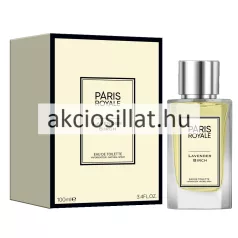 Paris Royale Nature Lavender Birch 100ml-es parfüm átlátszó vastag talpú szögletes üvegflakonban melyben halványsárga folyadék látható előlapján krémszínű téglalap alakú címkével dupla fekete keretben PARIS ROYALE LAVENDER BIRCH EAU DE TOILETTE felirattal tetején fényes ezüst színű hengeres kupakkal valamint mellette balra a hozzá tartozó krémszínű és olívazöld oldallapú letisztult díszdobozzal